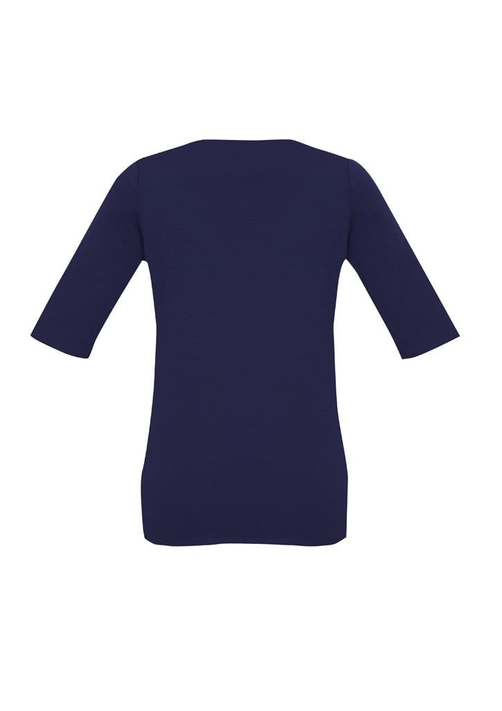 A navy blue women's T-shirt with short sleeves and a fitted design. It features a branding logo on the back.