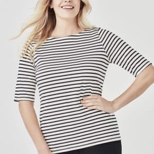 A black and white striped short sleeve T-shirt with a relaxed fit, featuring a branding logo.