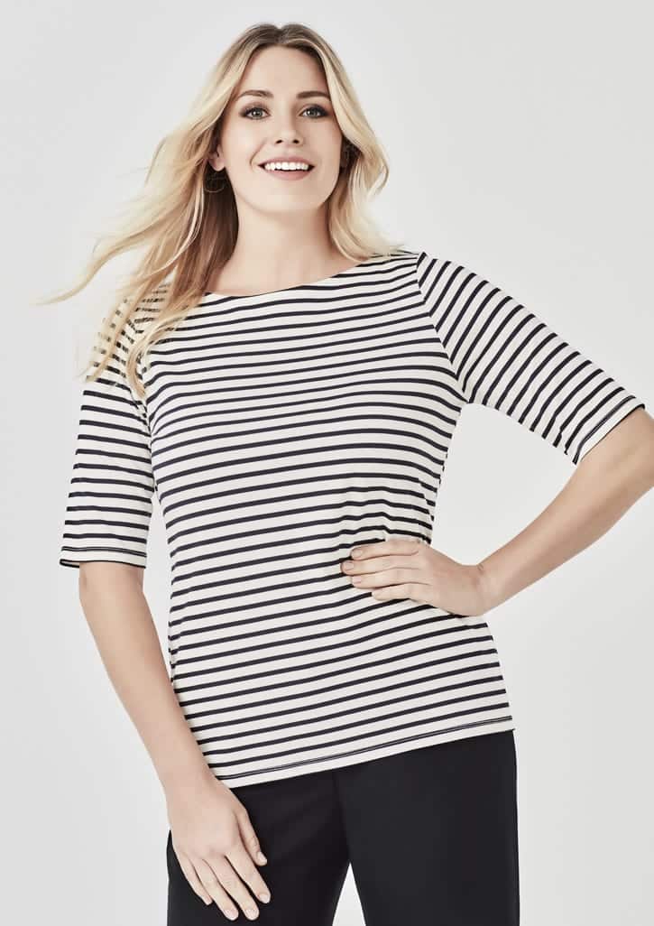 A black and white striped short sleeve T-shirt with a relaxed fit, featuring a branding logo.