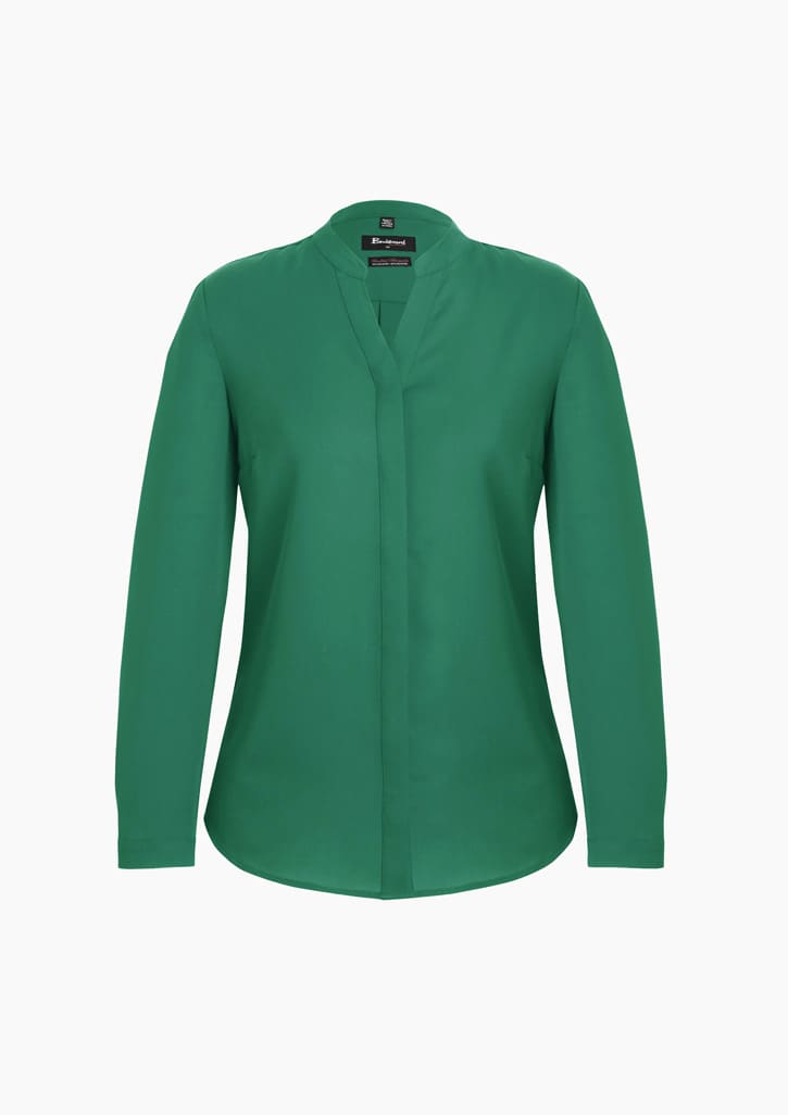 A green long sleeve blouse with a button-up front and a collar. The blouse features a logo on the tag.