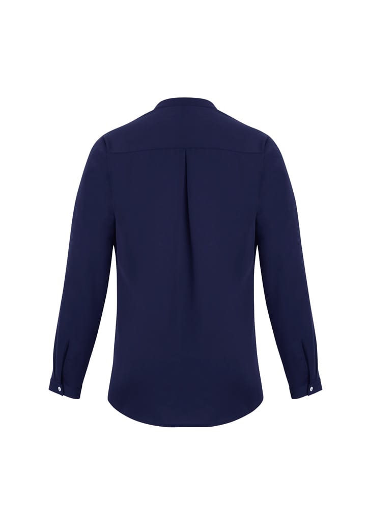 A navy long sleeve blouse with a button-up design and a back pleat detail, featuring cuffs with buttons.