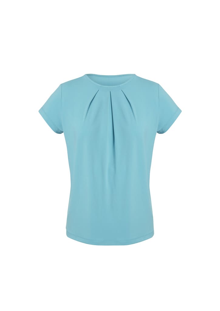 A light blue short sleeve top with pleat detailing and a round neckline. It features a logo on the design.
