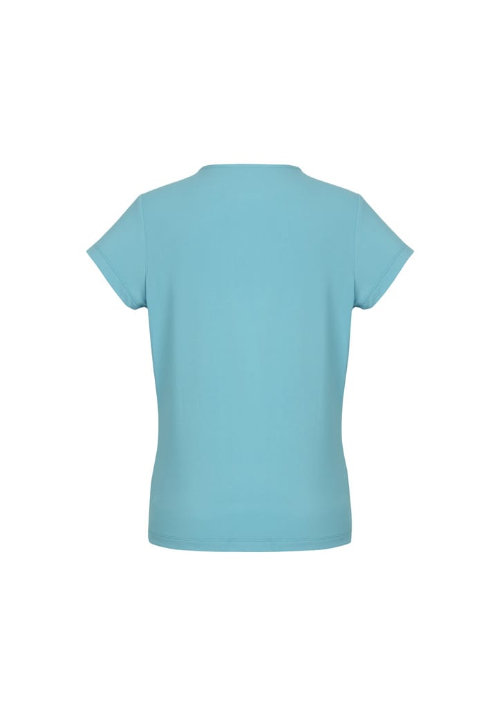 A light blue women's short sleeve top with a simple design and a logo on the back.