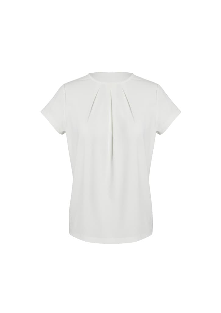 A short sleeve top in a light neutral colour with a pleated design at the front. It features a logo.
