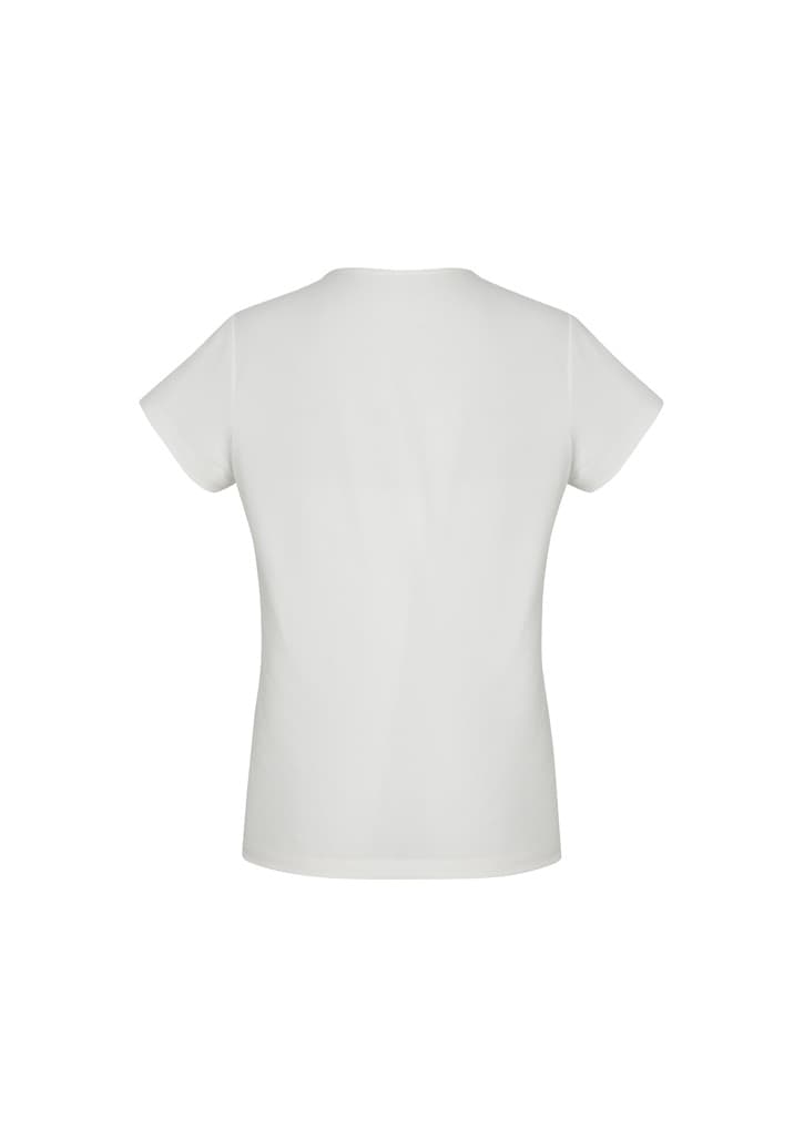 A white women's short sleeve top with a simple design, featuring a back view and no visible branding.
