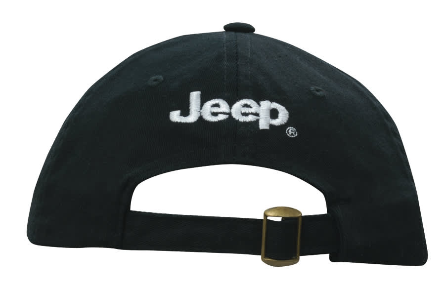 A black washed chino twill cap featuring a logo, with an adjustable strap at the back.