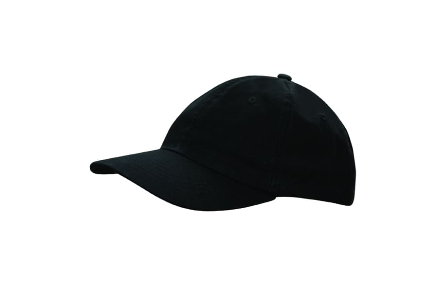 A black washed chino twill cap featuring a curved brim and a logo on the side.