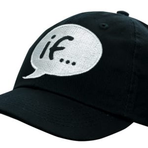 A black washed chino twill cap featuring a speech bubble design and an embroidered logo.