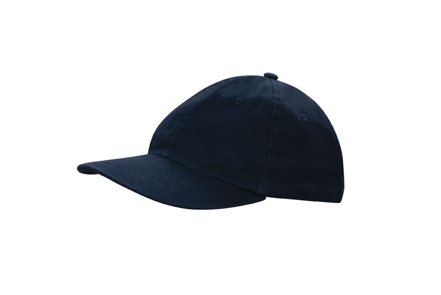 A navy washed chino twill cap with a curved brim and adjustable strap at the back. It features a logo.