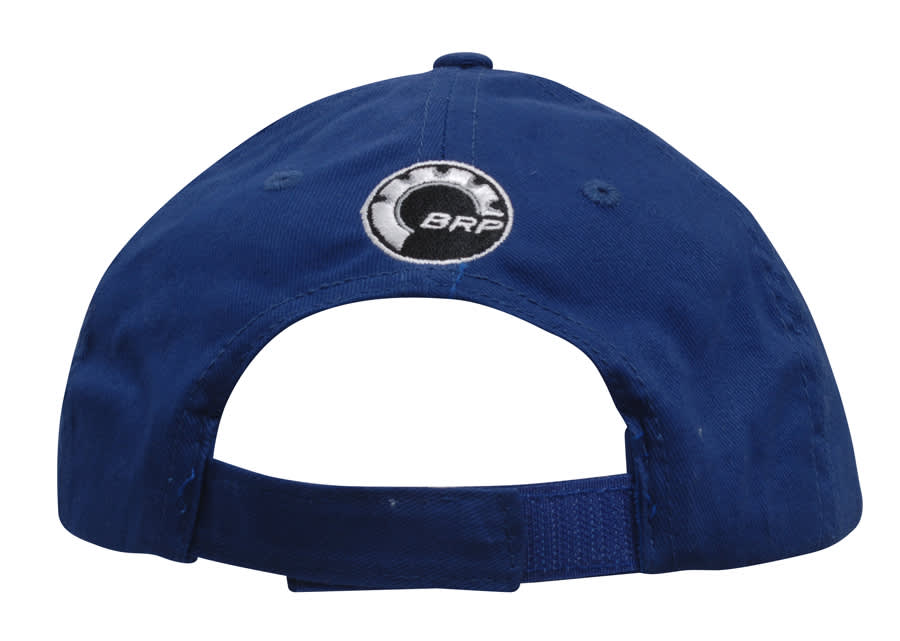 A blue brushed cotton cap featuring an embroidered logo on the back and an adjustable strap.