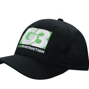 A black cap featuring an embroidered logo in green and white. Suitable for headwear promotions.