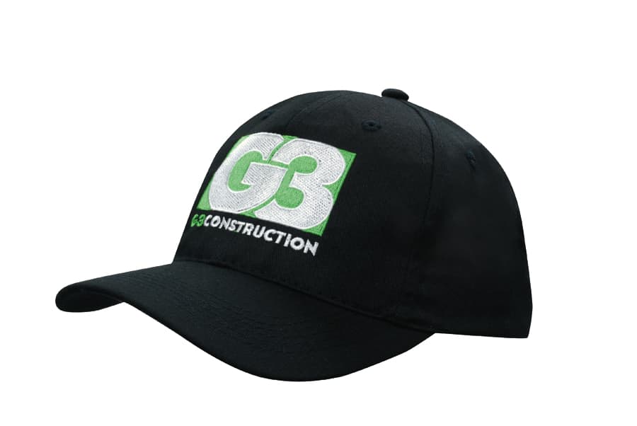 A black cap featuring an embroidered logo in green and white. Suitable for headwear promotions.