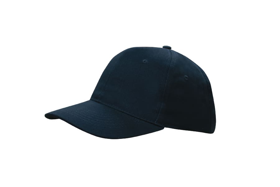 A navy blue cap with a curved brim and eyelets for ventilation, featuring a logo.
