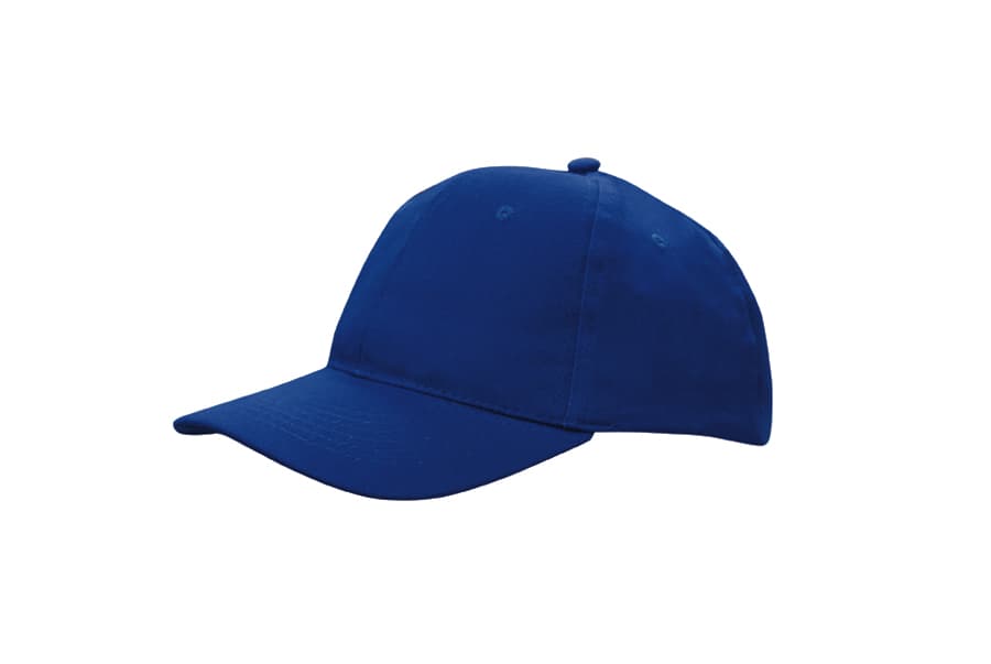 A blue cap made of brushed cotton, featuring a curved brim and a rounded top with no visible branding.