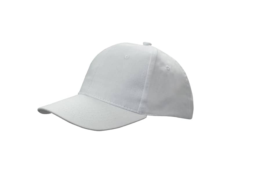 A white cap made from brushed cotton featuring a logo. It has a classic cap design with a curved brim.