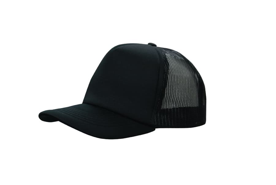 A black truckers mesh cap featuring a solid front and mesh back, with a curved peak.