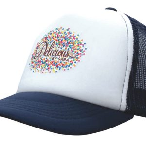 A white and navy trucker's mesh cap featuring a colourful dotted design and a logo.