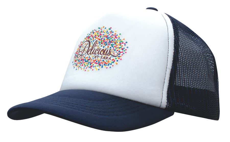 A white and navy trucker's mesh cap featuring a colourful dotted design and a logo.