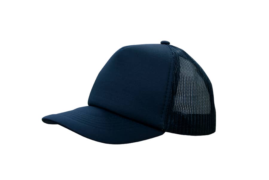 A navy truckers mesh cap featuring a solid front and mesh back for ventilation. It has a branded logo.