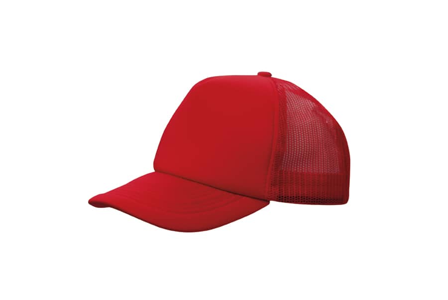 A red truckers mesh cap featuring a solid front and mesh back. Includes a logo on the front.
