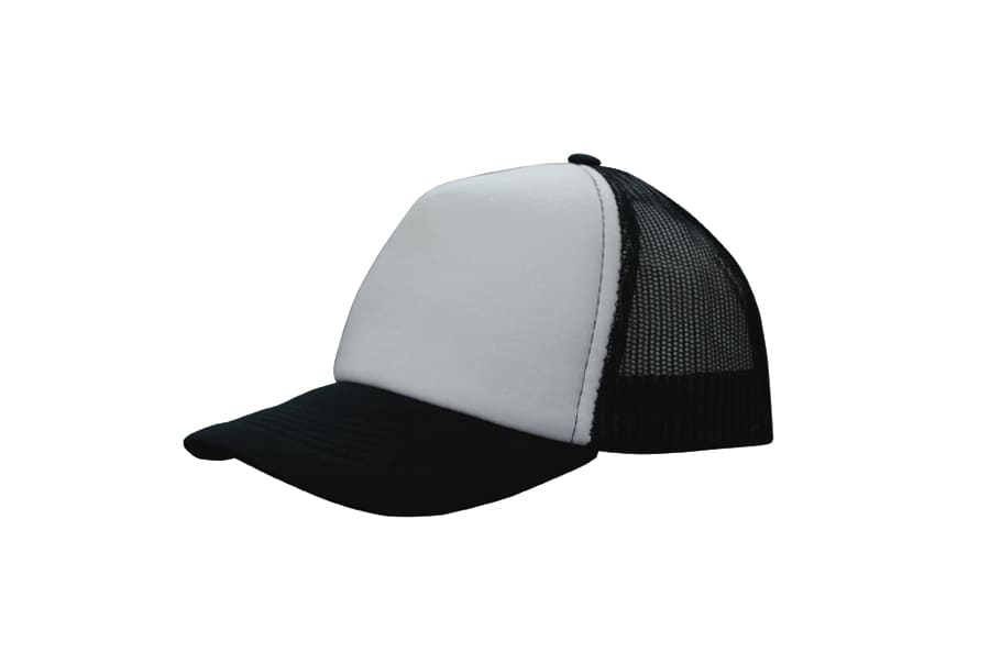 A black and white trucker mesh cap with a solid front and mesh back, featuring a curved brim and an adjustable strap.