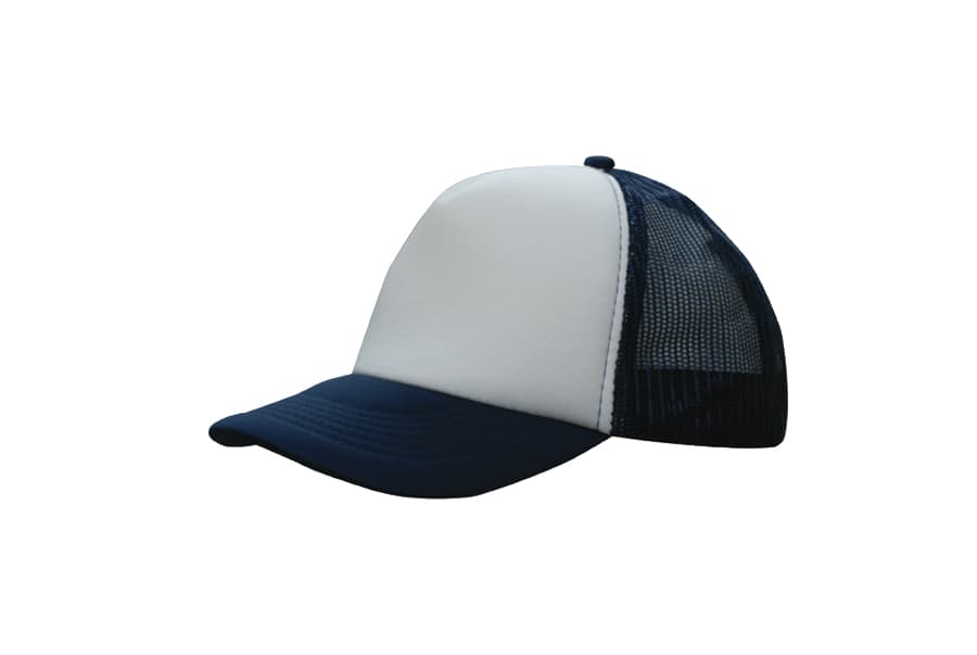 A trucker mesh cap featuring a white front panel and a navy blue peak with mesh sides.