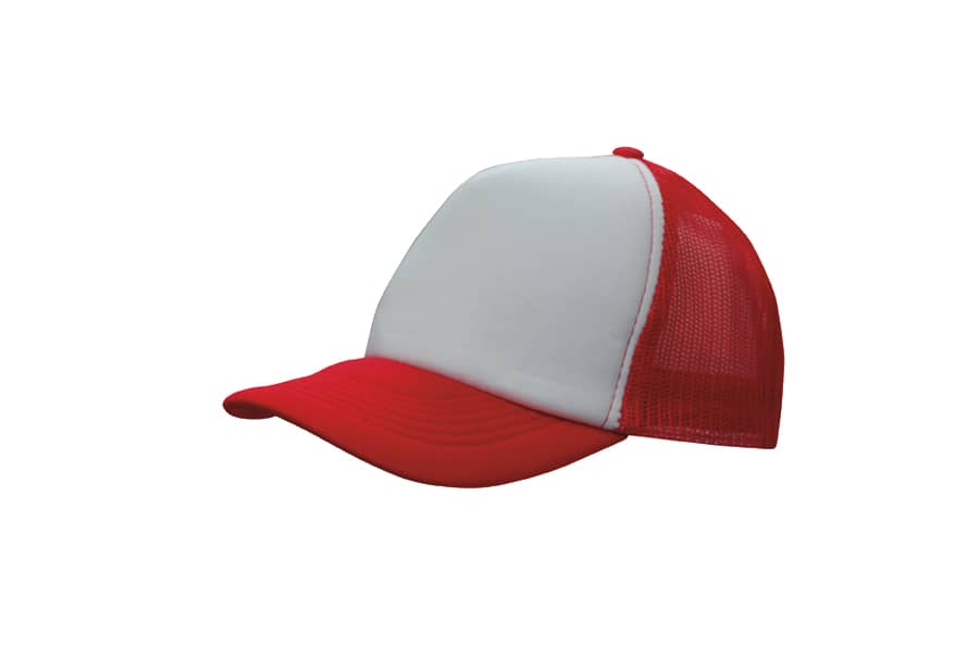 A red and white trucker mesh cap with a solid front panel and mesh sides. Features a rounded brim.