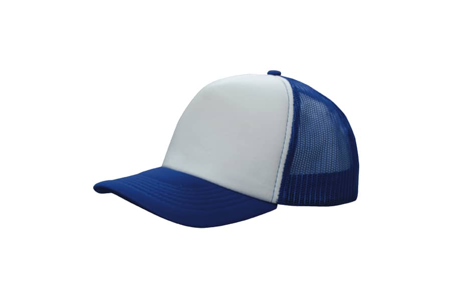 A blue and white truckers mesh cap with a solid front and mesh back, featuring a logo on the front.