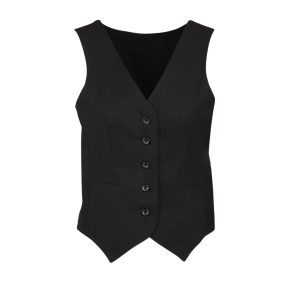 A black women's peaked vest with a button front and two side pockets, featuring a logo.