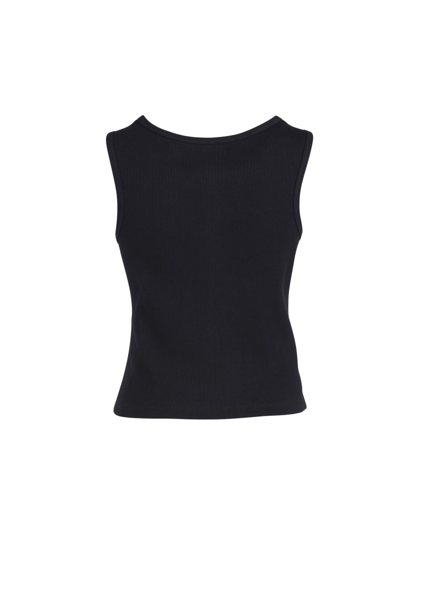 A black women's peaked vest with a ribbed texture, featuring a sleeveless design and a fitted silhouette.