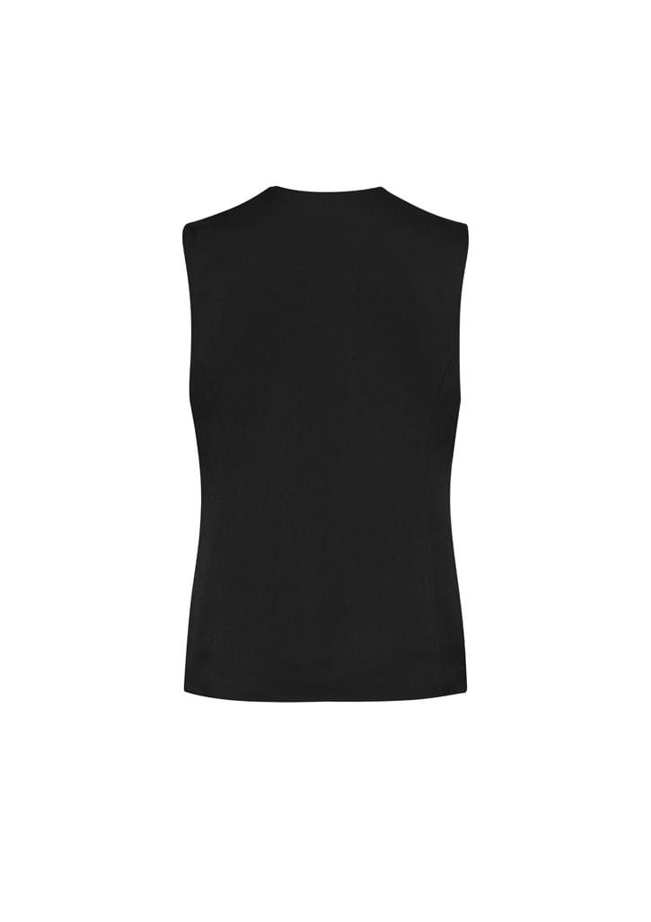 A black women's longline vest with a sleeveless design, featuring a simple and modern cut.