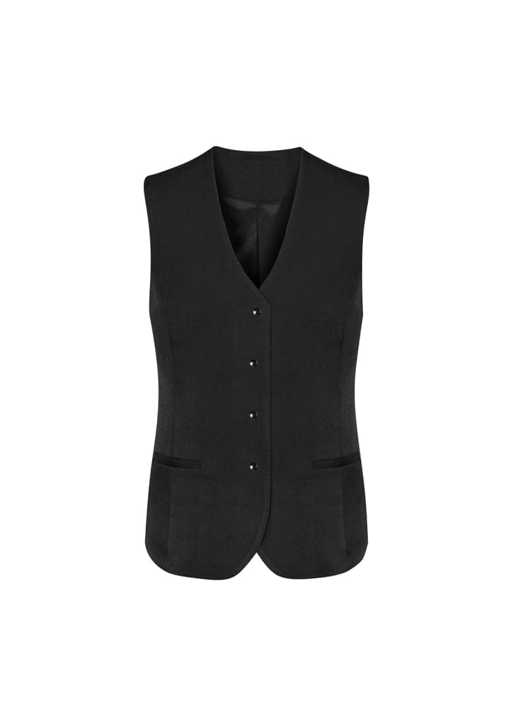 A black longline vest with a v-neckline, front buttons, and two pockets. Features branding on the garment.
