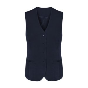 A navy vest featuring a button front and two pockets, designed for women's workwear. It includes a logo.