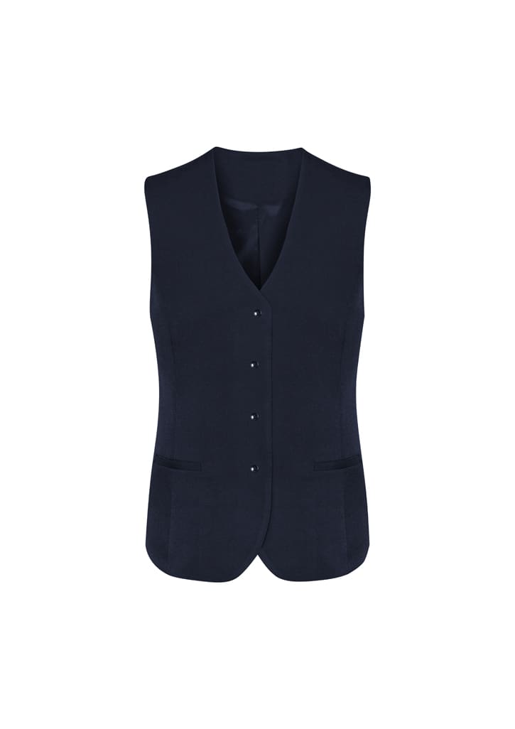 A navy vest featuring a button front and two pockets, designed for women's workwear. It includes a logo.