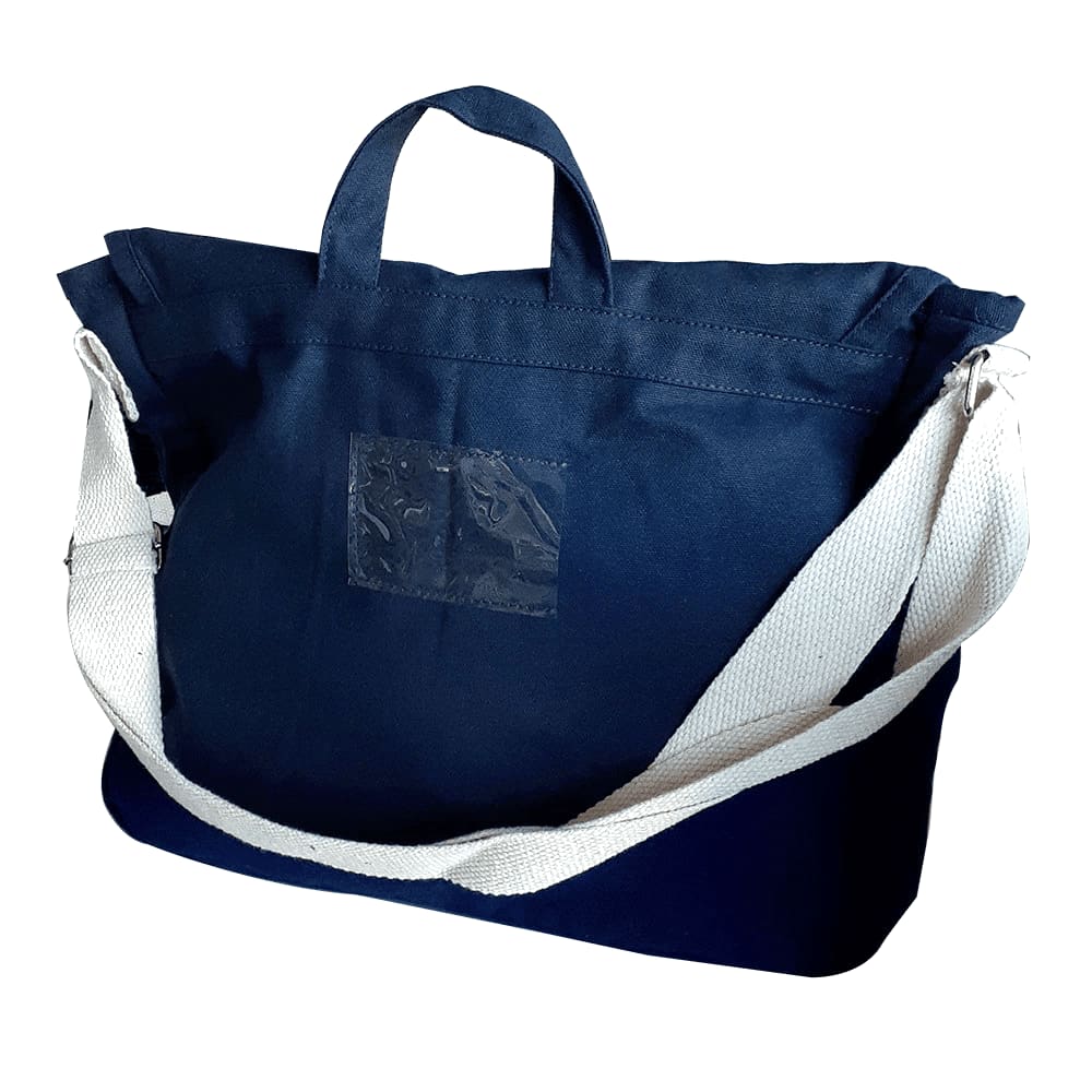 A navy canvas shoulder bag with a white strap and a small logo on the front.