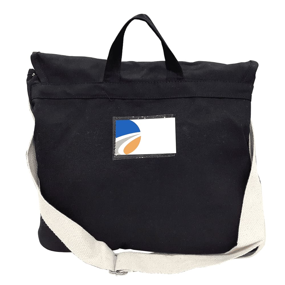 A black canvas shoulder bag with a cream strap, featuring a logo on the front.