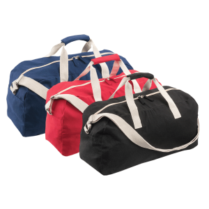 A duffle bag collection in navy blue, red, and black, featuring contrasting straps and zippers, with logos visible.
