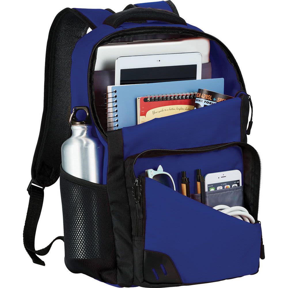 A blue and black computer backpack with multiple compartments for a laptop, books, stationery, and a drink bottle.