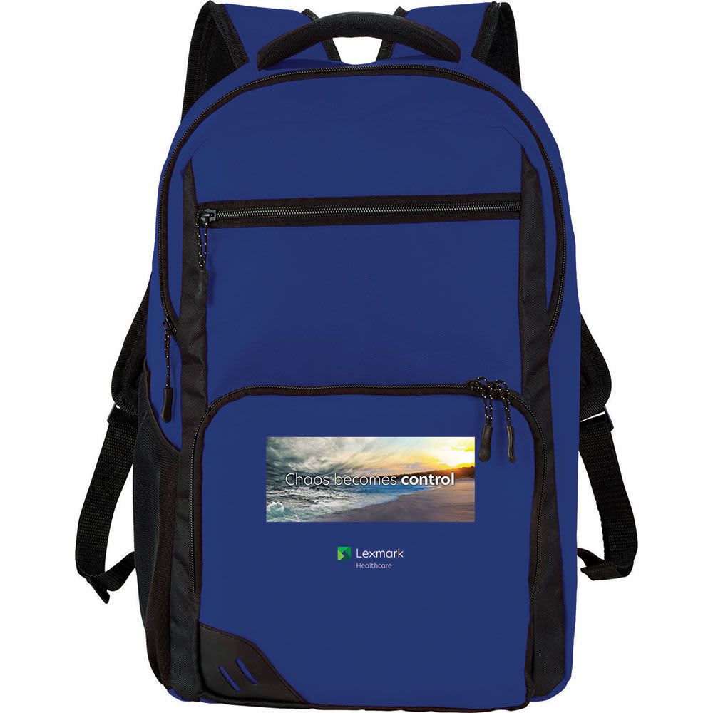 A blue laptop backpack featuring multiple compartments and a front pocket with a logo.
