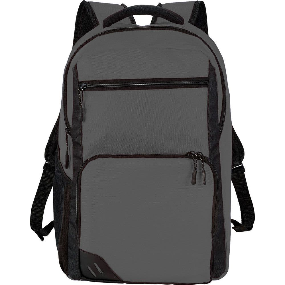 A grey and black laptop backpack with multiple pockets and a logo. Suitable for carrying a laptop and other essentials.