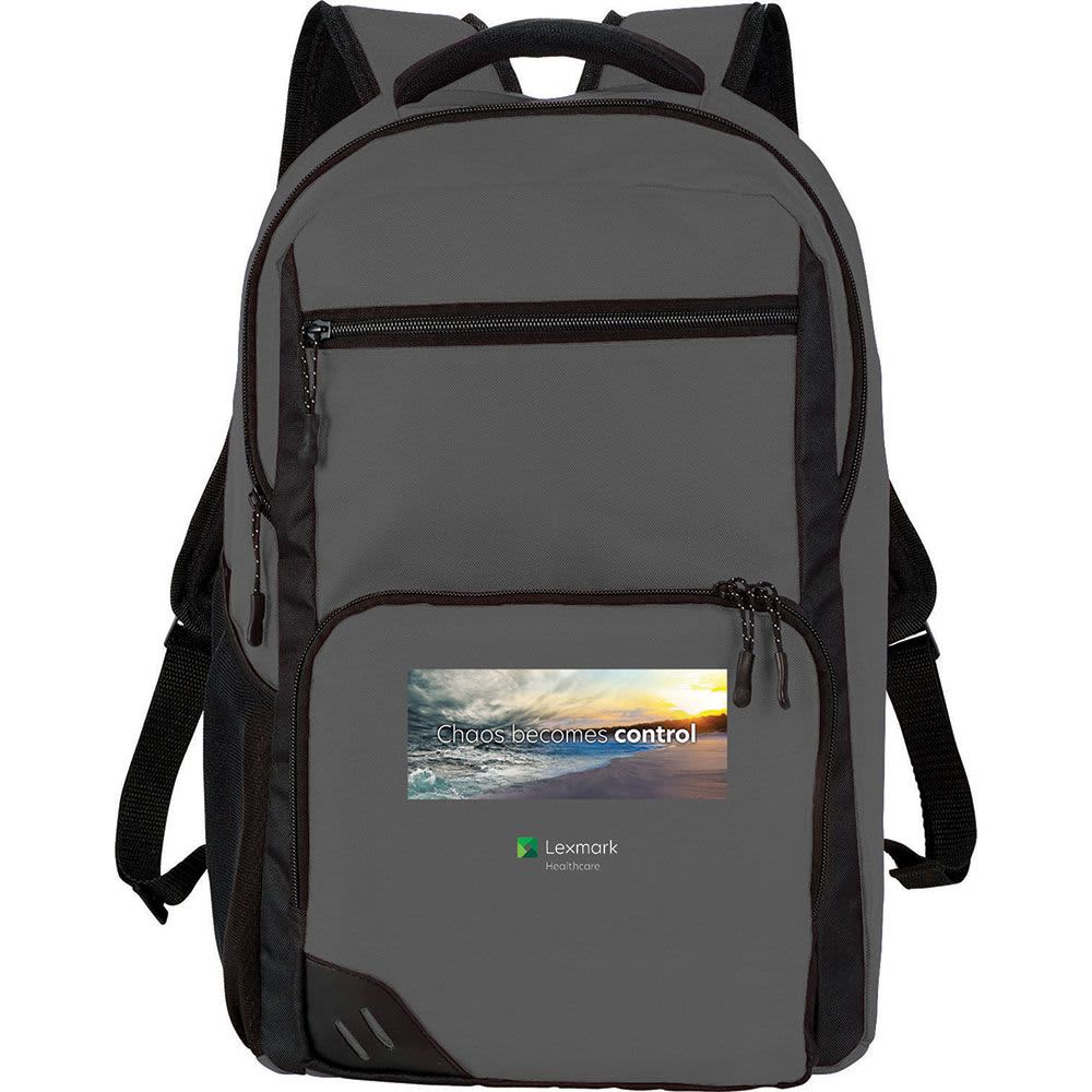 A grey 23L computer backpack featuring a zipped compartment, side pockets, and a logo on the front.