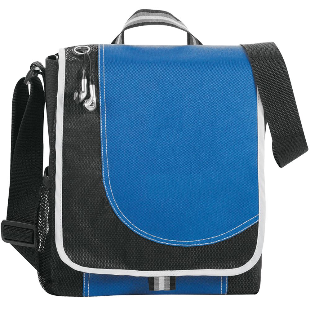 A blue and black messenger bag with a shoulder strap and a zipper. It features a logo and a mesh side pocket.