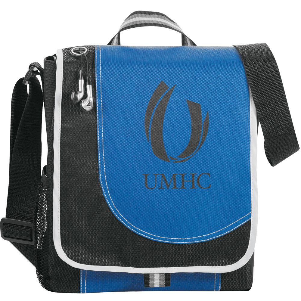 A blue and black Boomerang Messenger Bag with a shoulder strap and a logo on the front.