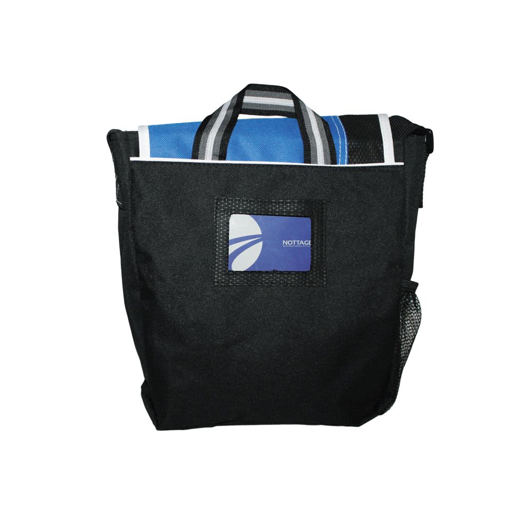 A black messenger bag with blue accents and a mesh side pocket, featuring a logo on the front.