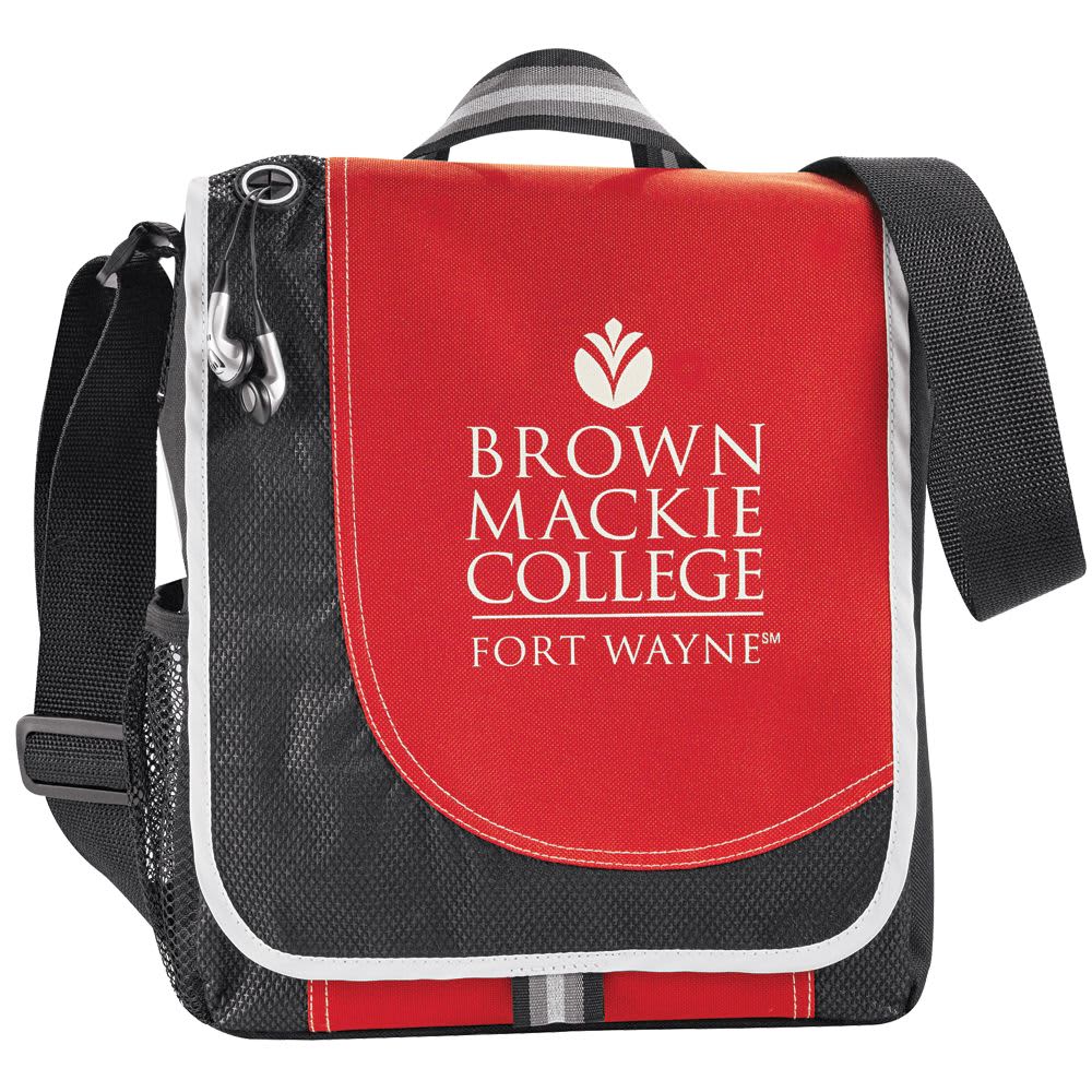 A red and black messenger bag with a shoulder strap and a logo. Features a flap closure and side pocket.