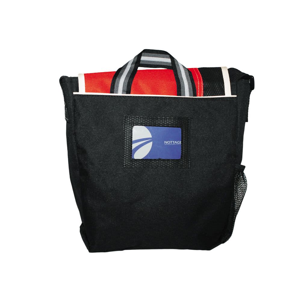A black messenger bag featuring a logo, with red and grey striped accents and a mesh side pocket.