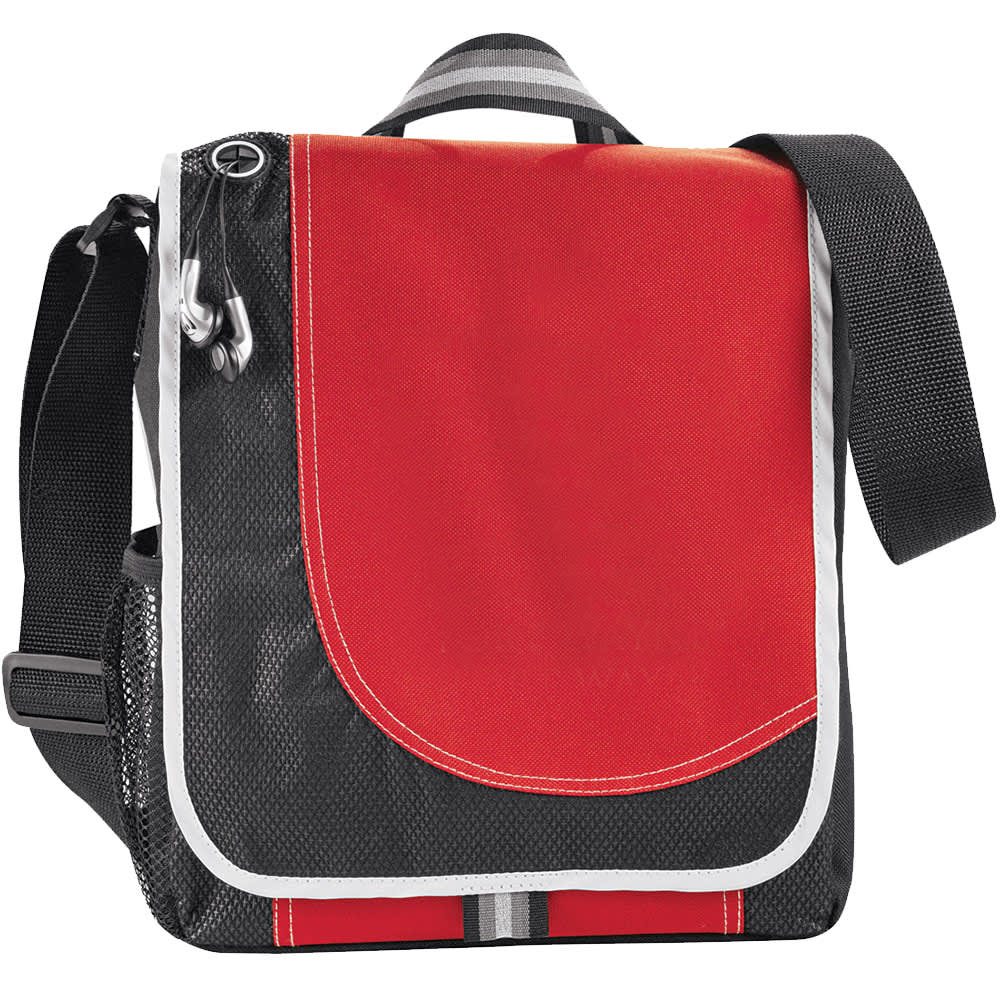 A red and black satchel bag with a shoulder strap and a branding logo on the front.