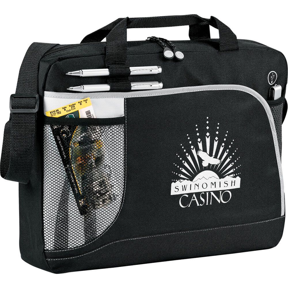 A black laptop bag with a mesh pocket, pens, and a logo. Features a shoulder strap and sturdy handles.