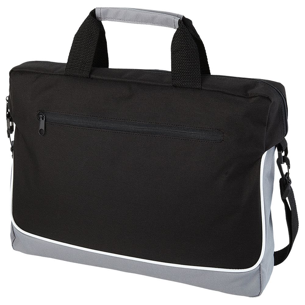 A black and blue laptop bag with a shoulder strap and a front zip pocket, featuring a logo.