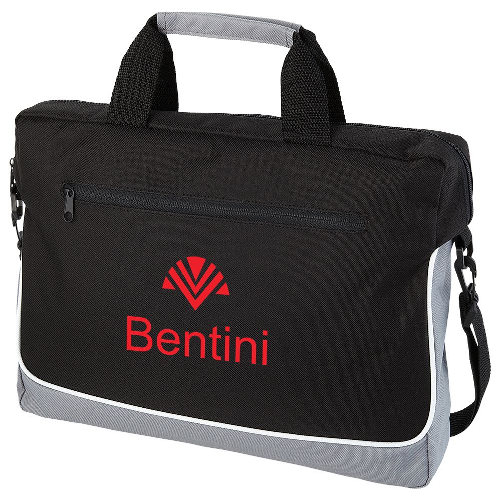 A laptop bag in black and blue with a front zip pocket and a shoulder strap, featuring a logo.